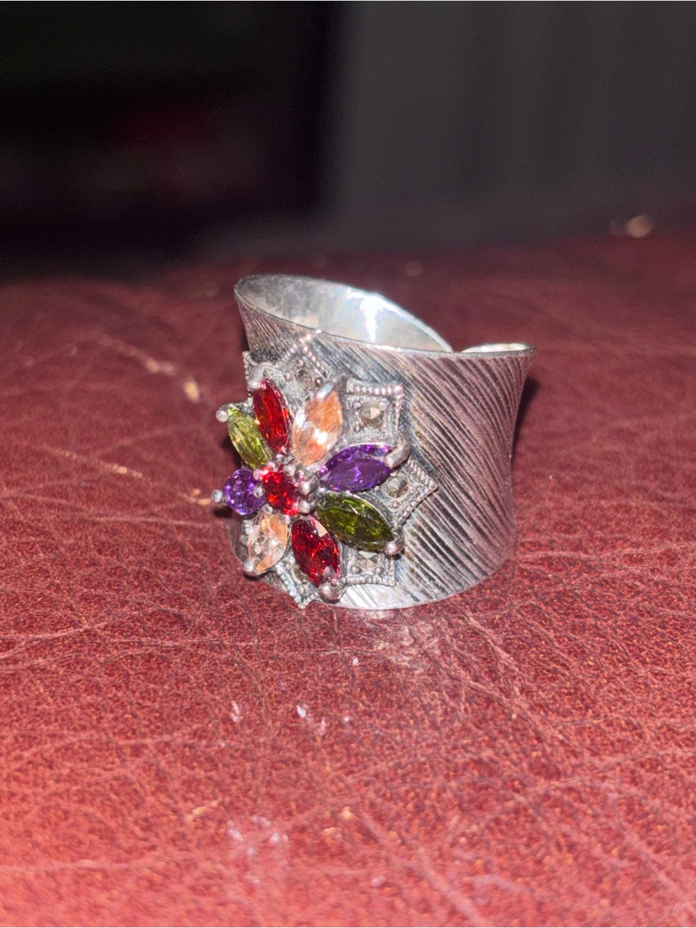 Multi-Color sterling silver Gemstone Flower Wide Silver Ring size 7